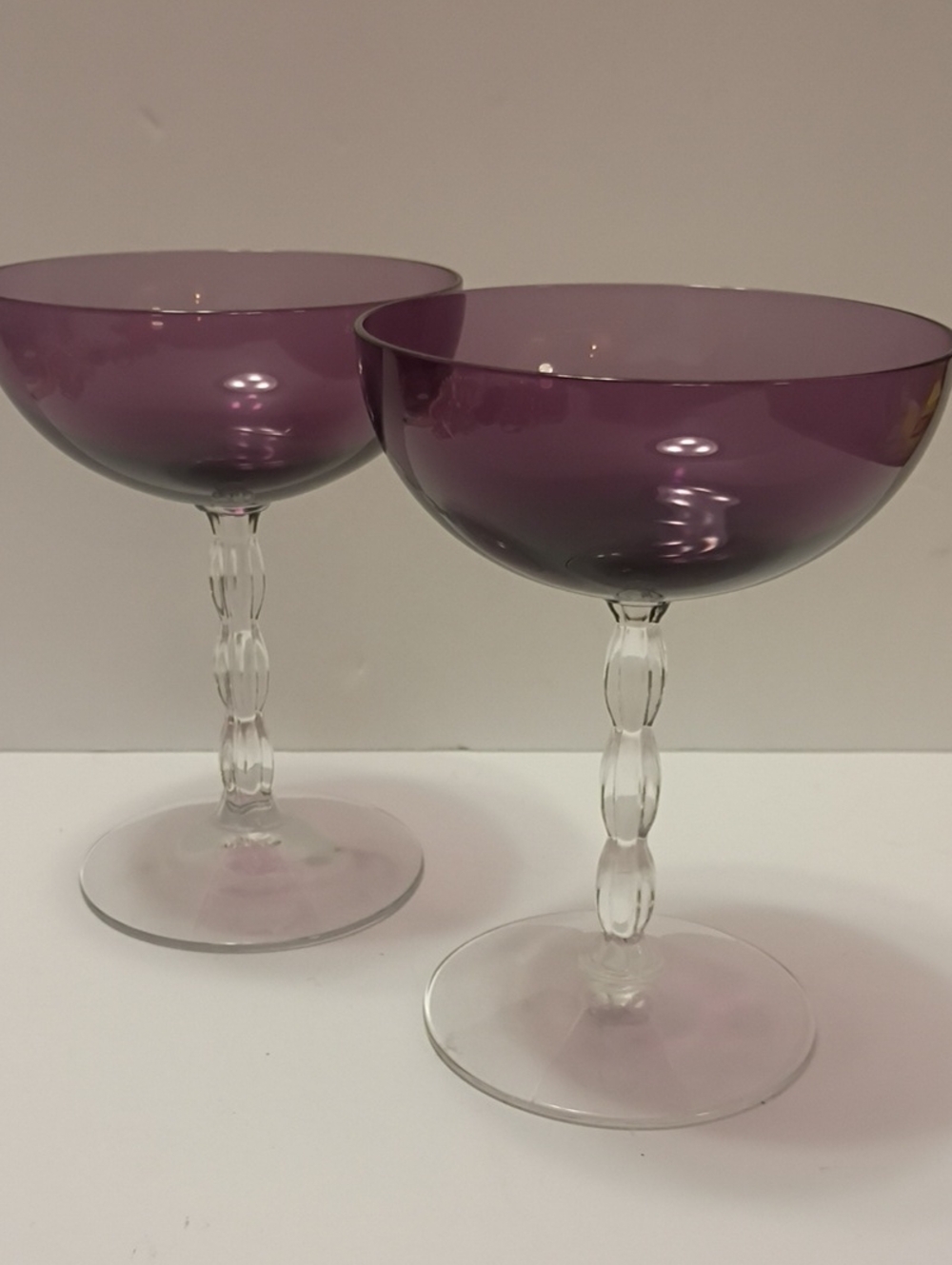 Amethyst Champagne Glasses with Sculpted Clear Stems (Set of 2)